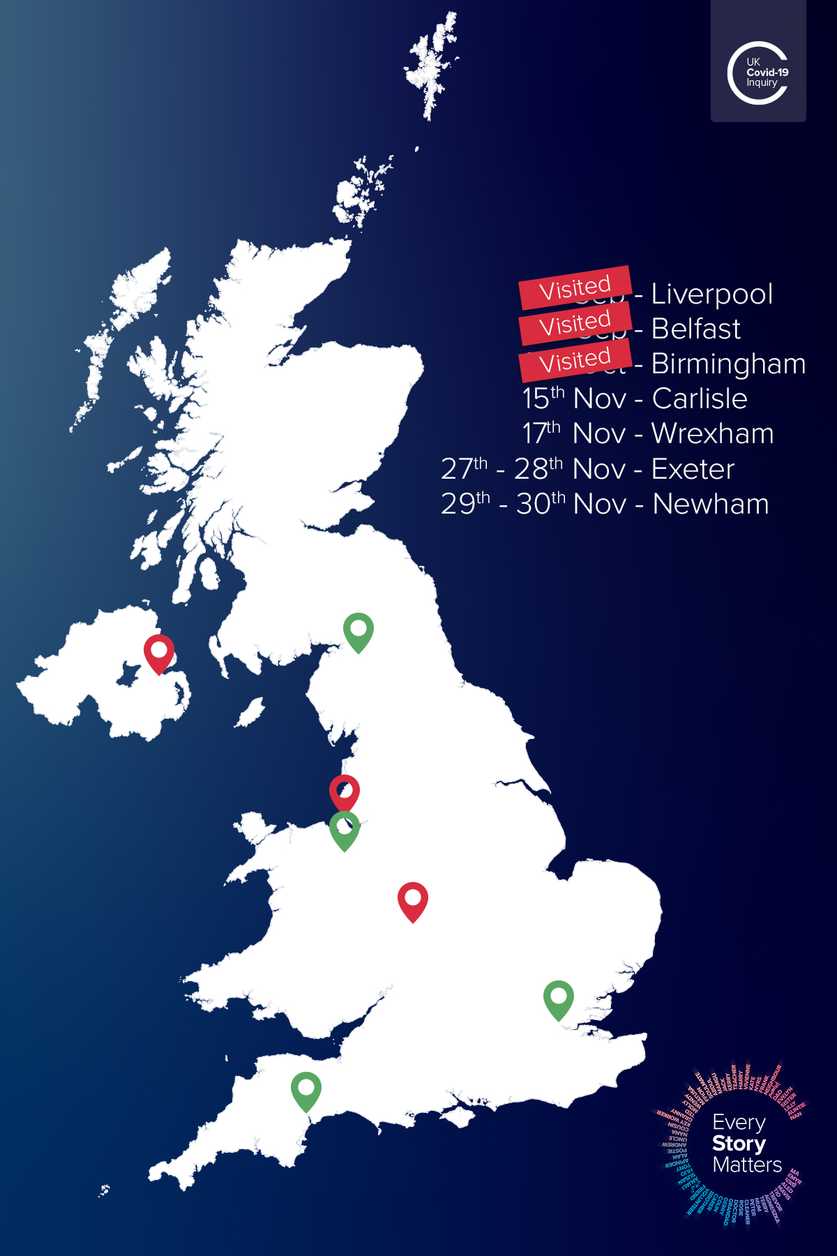 A map of each location of the Every Story Matters events across the United Kingdom.