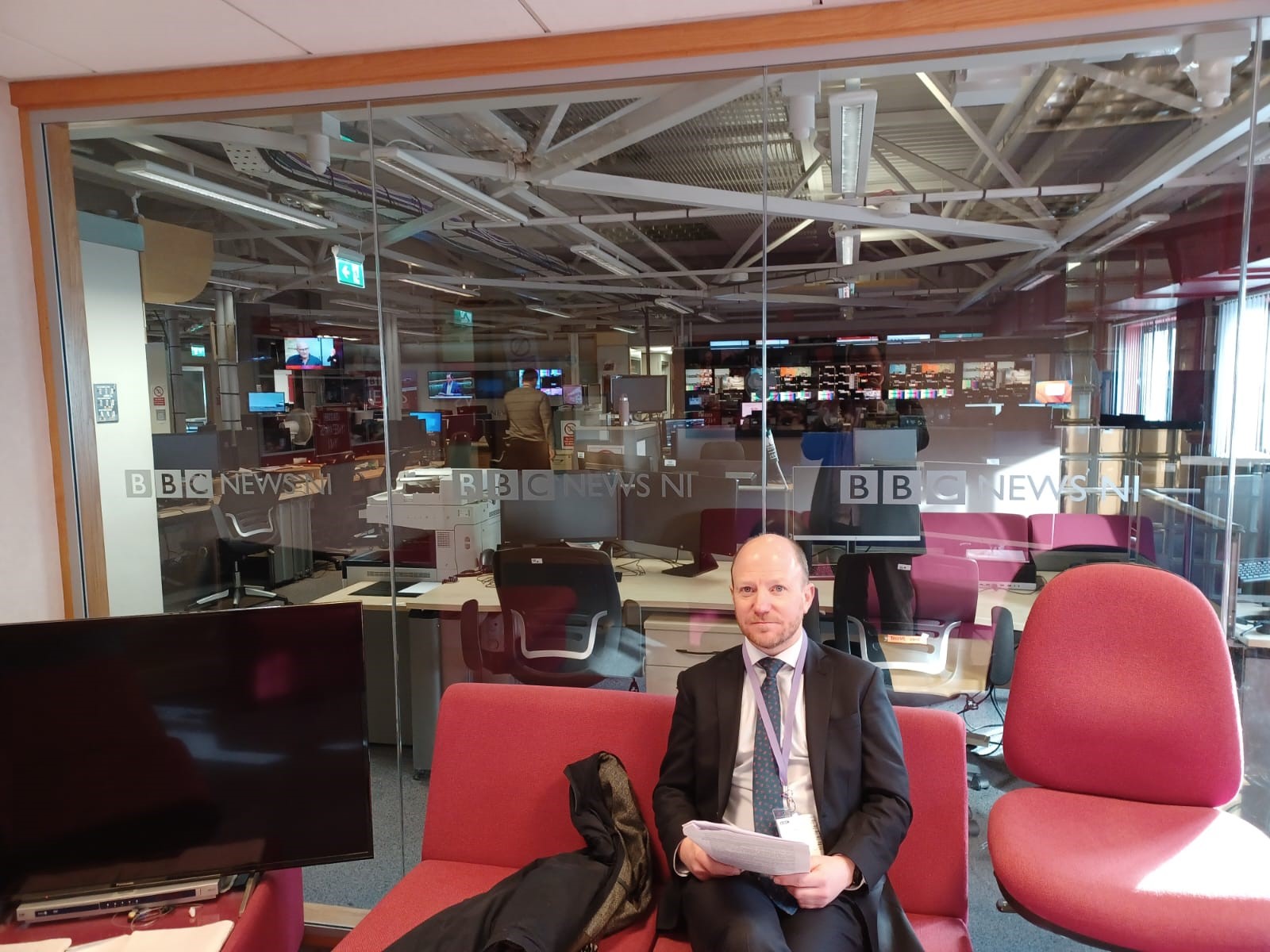 the UK Covid-19 Secretary preparing for an interview at the BBC News NI offices