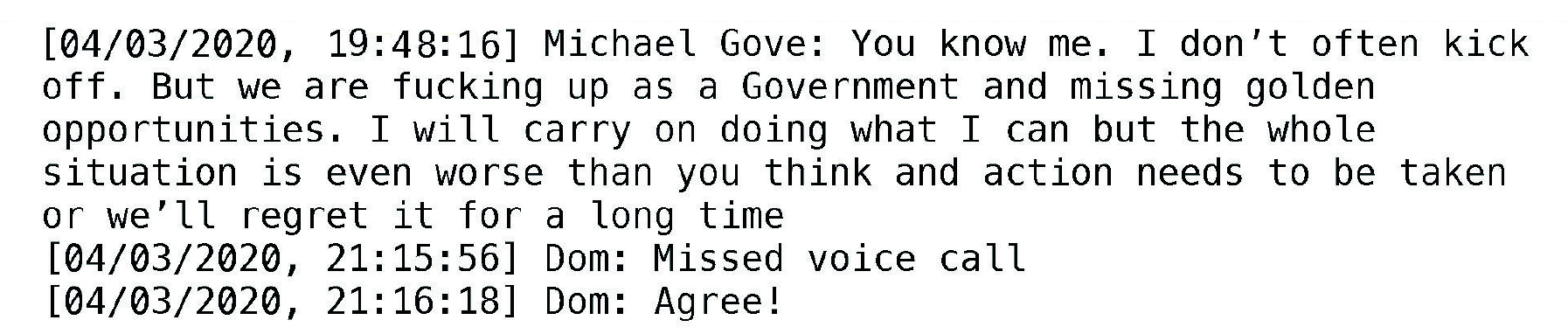 Exchange of messages between Mr Cummings and Mr Gove on 4 March 2020