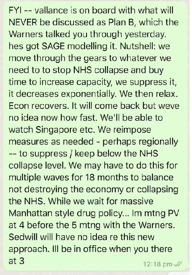 Message from Mr Cummings to Mr Johnson on 15 March 2020