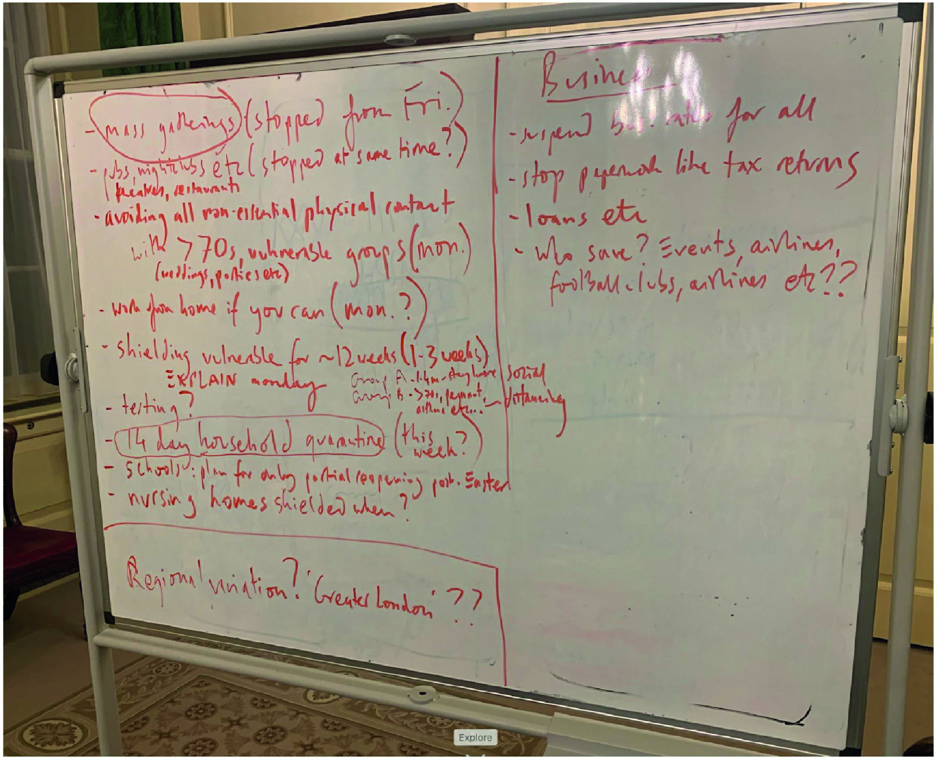 Notes on a whiteboard during a ministerial meeting on 15 March 2020