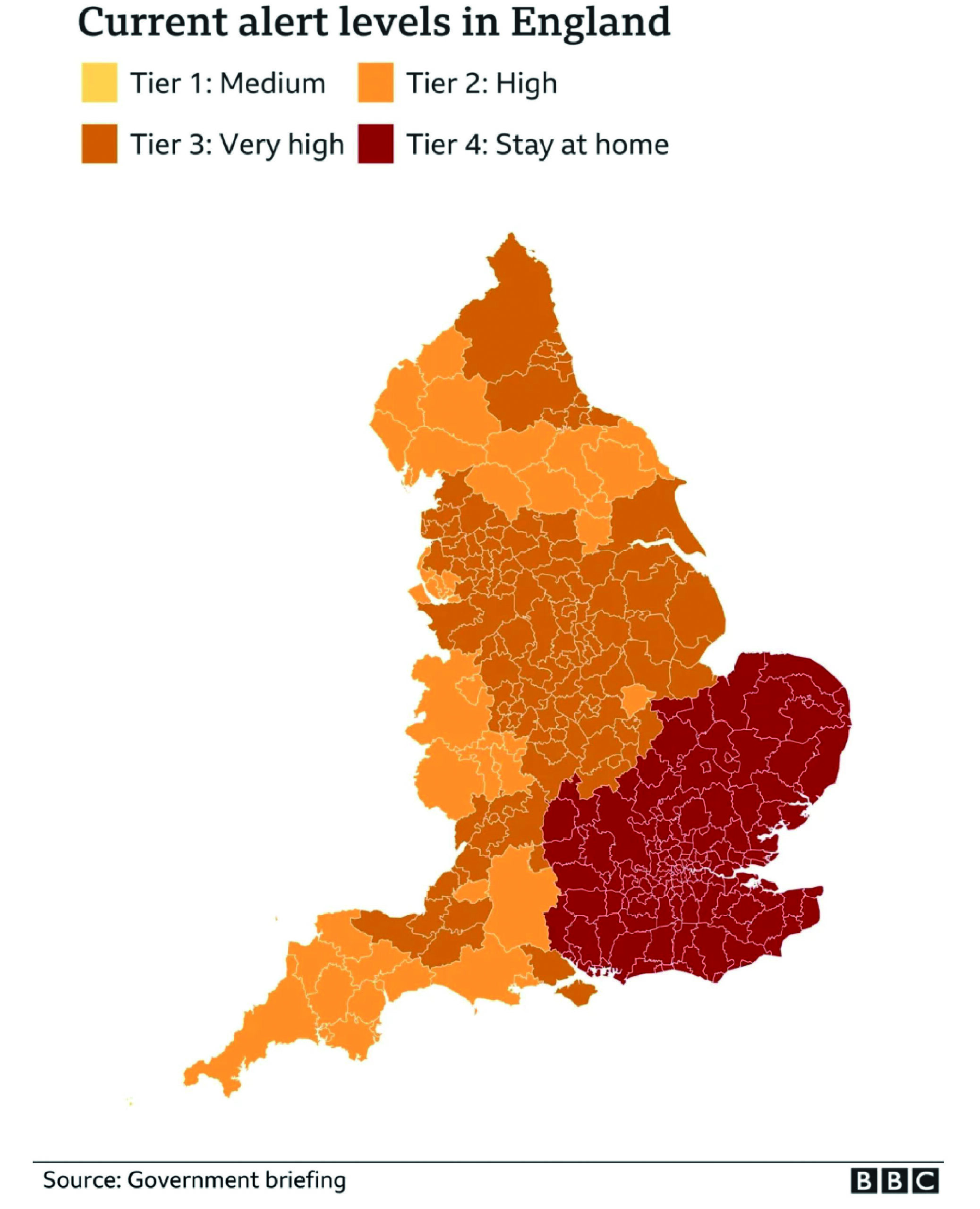 Tiers in England from 26 December 2020